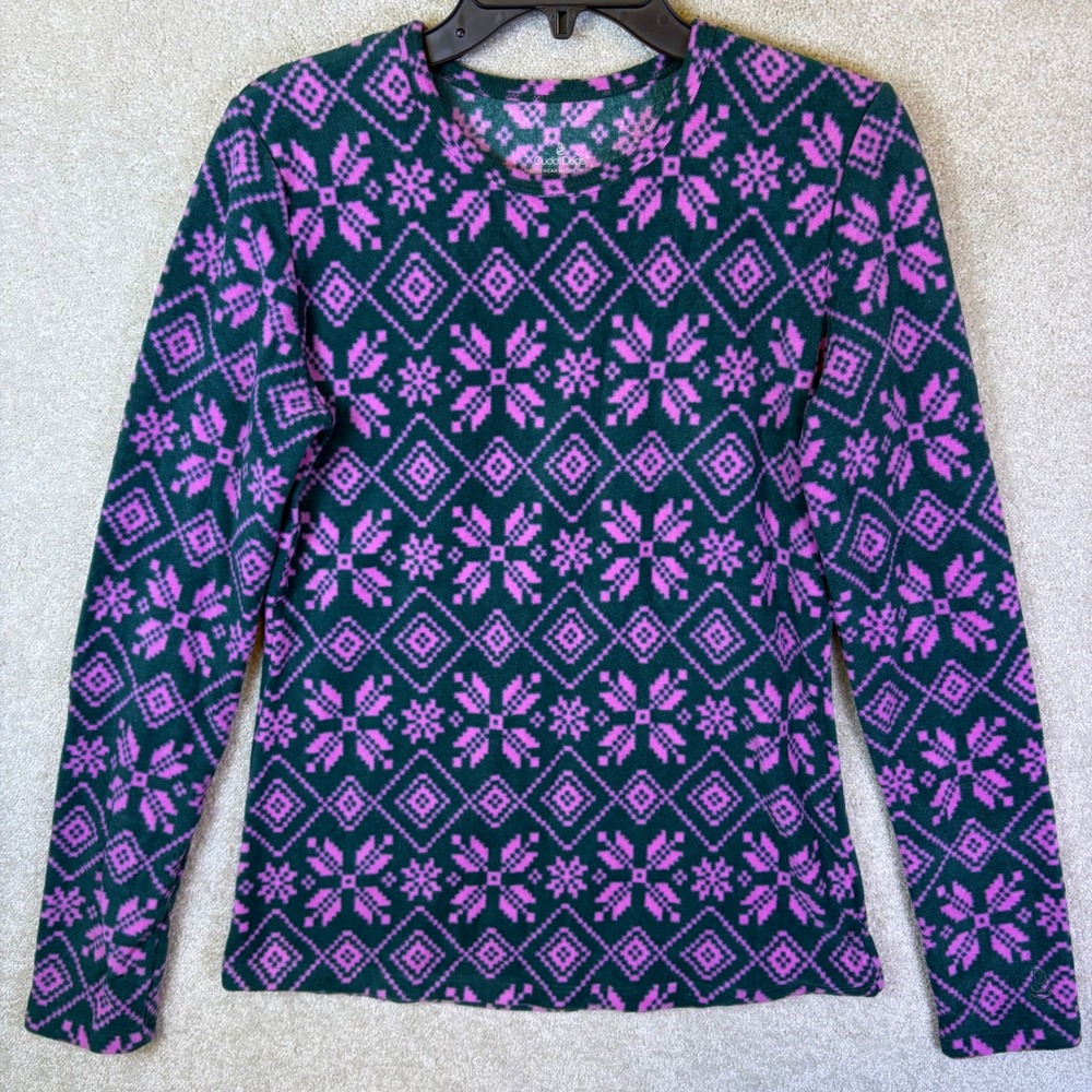 Cuddl Duds Fleecewear Top Womens Medium Green Pink Nordic Fair Isle Long Sleeve